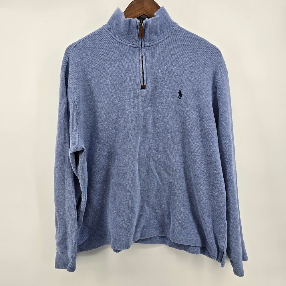 Polo Ralph Lauren Mens Large Blue Cotton Quarter Zip Pullover Sweater Pony Logo